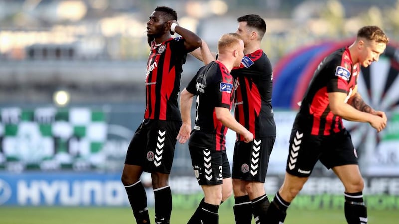 Bohemians’ IshMahli Akinade celebrates scoring the first goal of the game. Photograph: Inpho