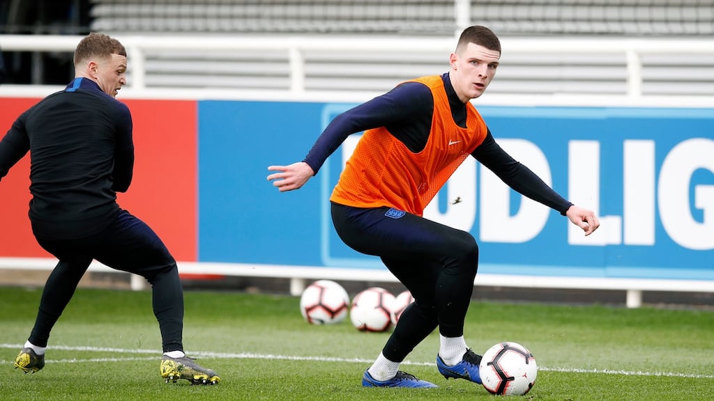 England’s Declan Rice during the team’s training session at St George’s Park, Burton. “It’s not representative of what Declan believes and feels, and his views,” said the England manager. Photograph: Martin Rickett/PA Wire