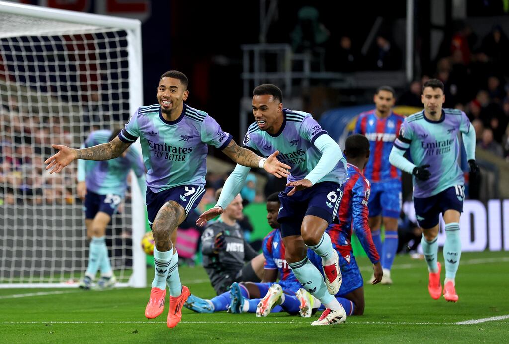 Gabriel Jesus celebrates scoring Arsenal's first goal with team-mate Gabriel during the Premier League match against Crystal Palace at Selhurst Park. Photograph: Alex Pantling/Getty Images