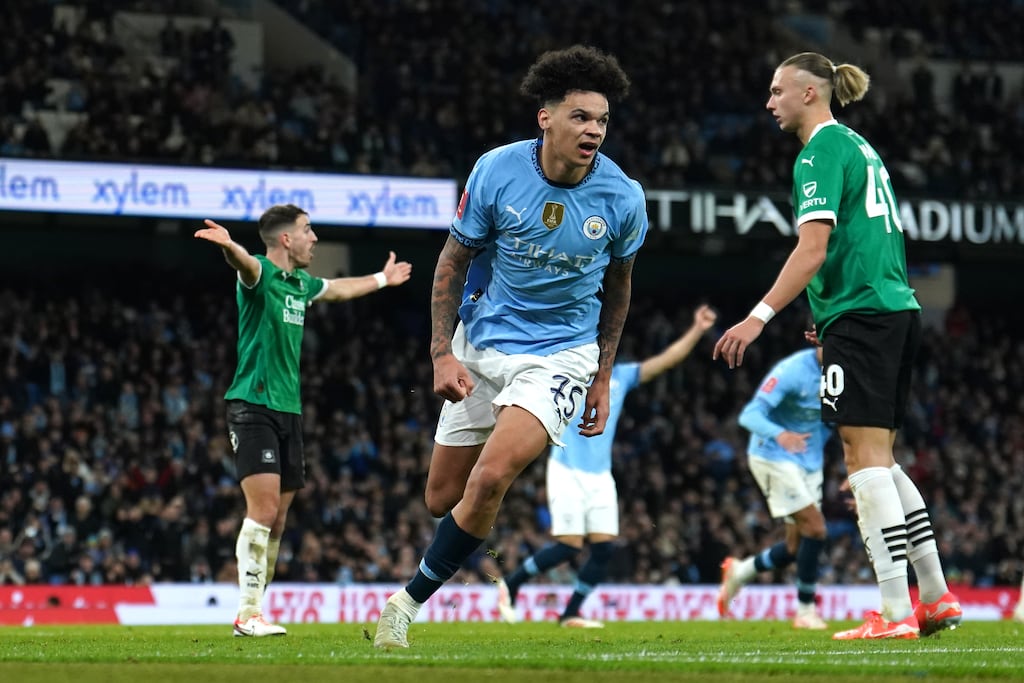 Nico O'Reilly celebrates scoring for Manchester City. Photograph: Martin Rickett/PA