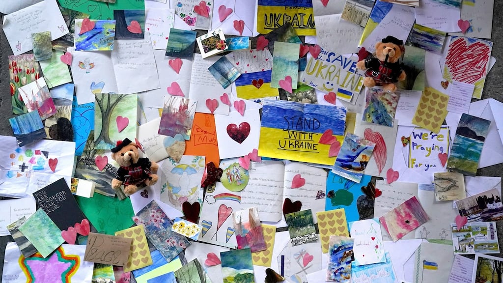 Letters of support written by children in Scotland to accompany a shipment of humanitarian aid for children in Ukraine. Photograph: Andrew Milligan/PA
