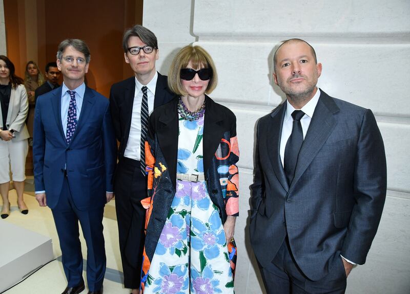 Hanging with the art crowd: The Metropolitan Museum of Art director Thomas P Campbell, The Costume Institute at the Metropolitan Museum of Art curator Andrew Bolton, Editor and Chief of Vogue Magazine Anna Wintour and Apple chief design officer Jony Ive