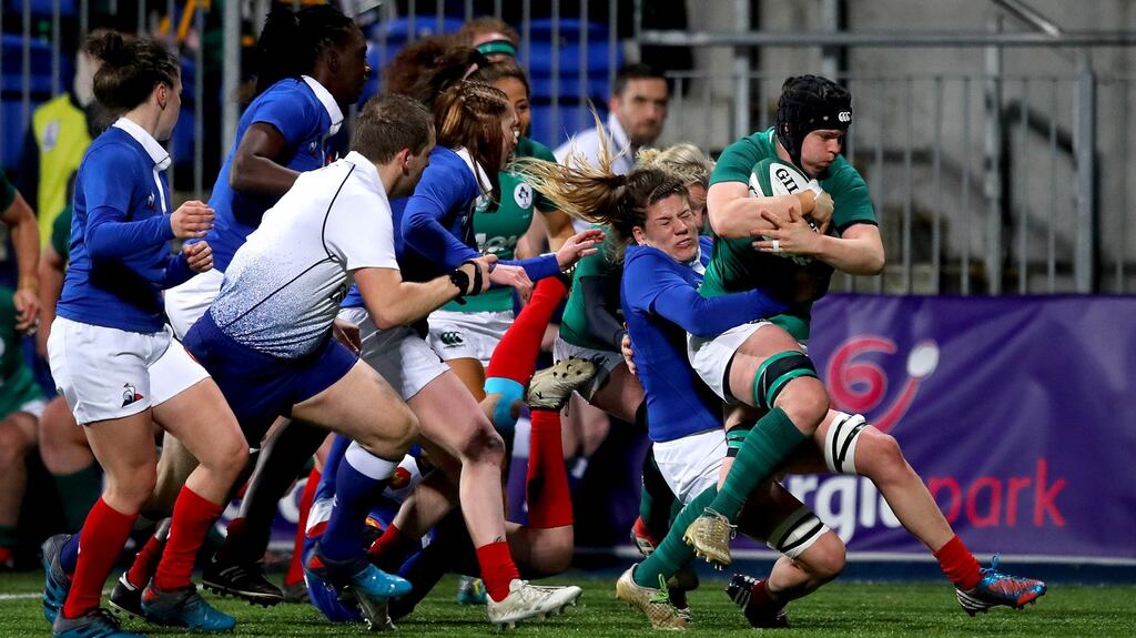 Ciara Griffin scores Ireland’s  first try in the Women’s Six Nations  match against France at Donnybrook.  Photograph: Ryan Byrne/Inpho