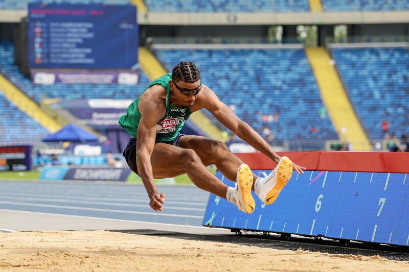Ireland’s long jump record holder Reece Ademola in action during the 2023 European Games at the Slaski Stadium, Krakow, Poland. Photograph: Laszlo Geczo/Inpho