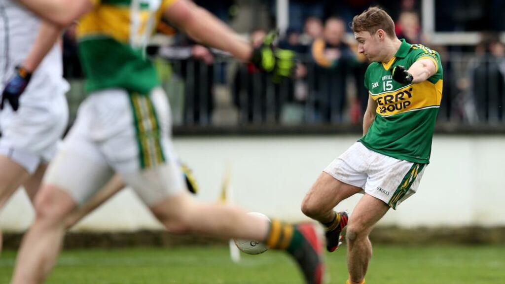 Kerry’s James O’Donoghue scores his side’s second goal in the victory over Kildare at Newbridge last Sunday. Photo: James Crombie/Ipho
