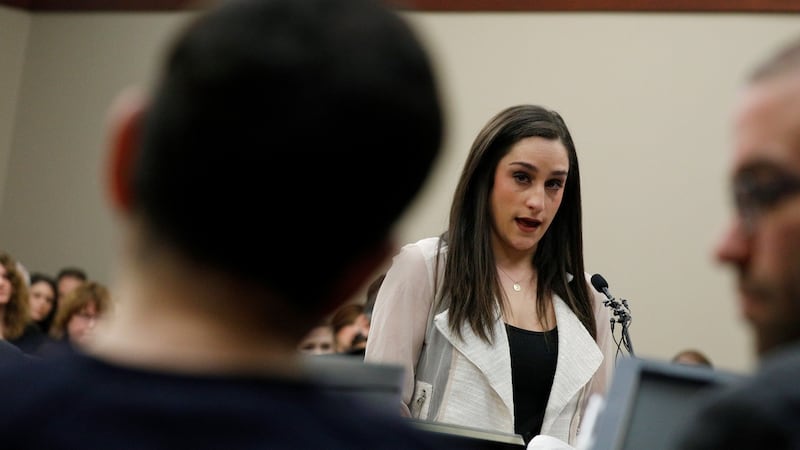 Former US Olympic gymnast gymnast Jordyn Wieber speaks at the sentencing hearing for Larry Nassar on Janaury 19th. Photograph: Brendan McDermid/Reuters