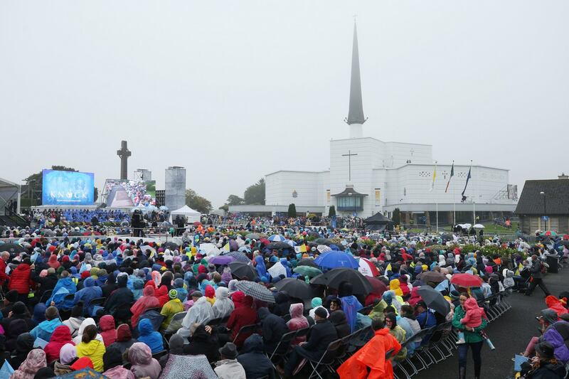 Pilgrims arrive at Knock Holy Shrine,  Co Mayo, where Pope Francis viewed the Apparition Chapel and gave the Angelus address. Photograph: Niall Carson/PA Wire