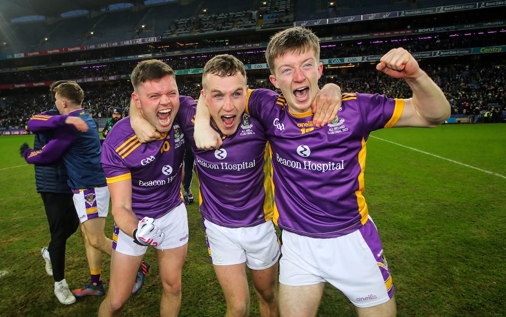 Kilmacud’s Tom Fox, Shane Cunningham and Hugh Kenny celebrate after the game. Photograph: Ryan Byrne/Inpho