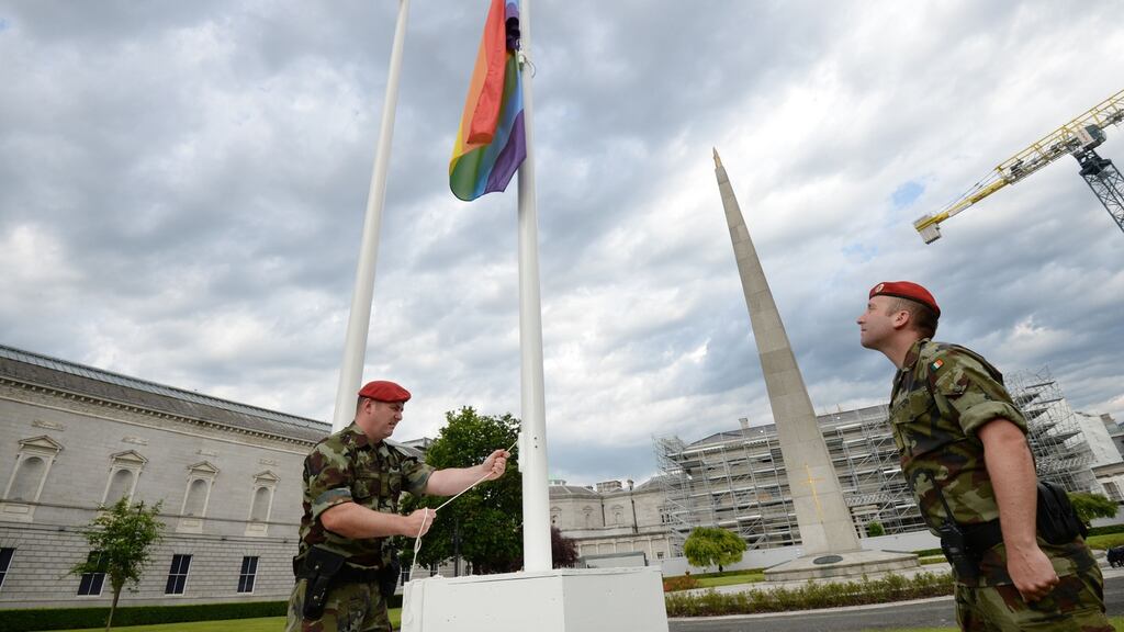 The LGBT Pride Rainbow flag is raised over the Dáil during last month’s celebrations. Photograph: Alan Betson