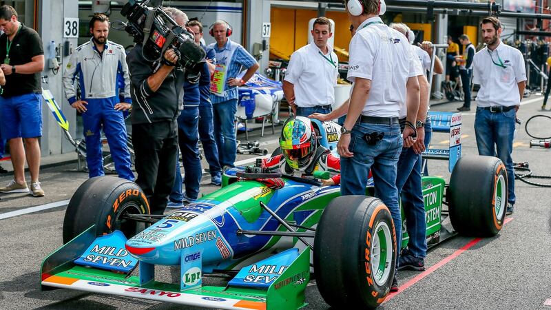 Mick Schumacher gets ready to drive the 1994-spec Benetton to commemorate the 25th anniversary of his father’s first Formula One win in Spa in 1992. Photograph: Stephanie Lecocq/EPA