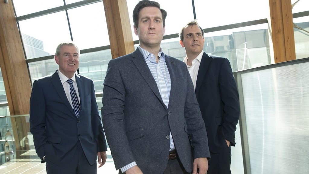 Brian Shields of Neurent Medical has been announced as high-potential start-up Founder of the Year 2019 at Enterprise Ireland’s awards. To the left is  Kevin Sherry of Enterprise Ireland and to the right is Kevin Foley of  Grant Thornton. Photograph:  Orla Murray
