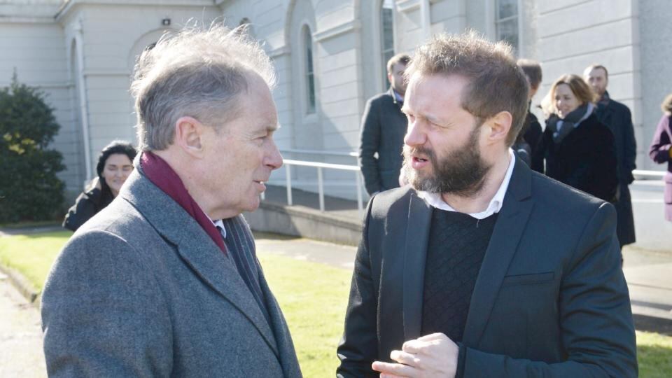 Former Republic of Ireland manager Brian Kerr with Irish Times sports writer Gavin Cumiskey at the funeral of Irish Times journalist Carl O’Malley. Photograph: Cyril Byrne/The Irish Times