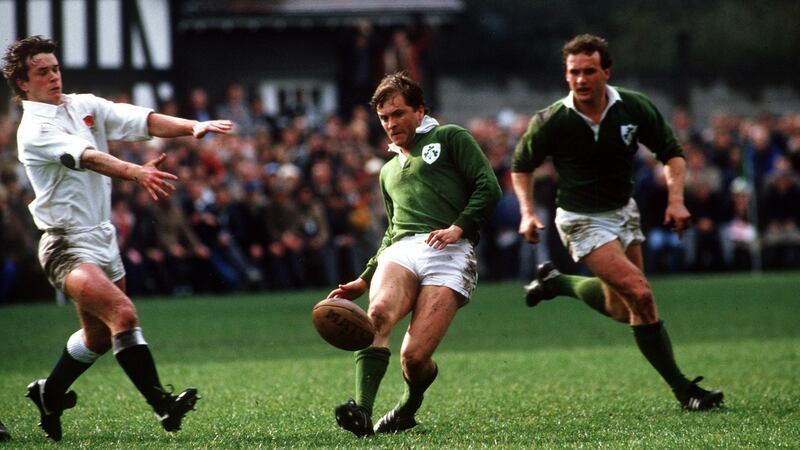 Hugo MacNeill in action against England at Lansdowne Road during the Five Nations in 1985. Photograph: Billy Stickland/Inpho