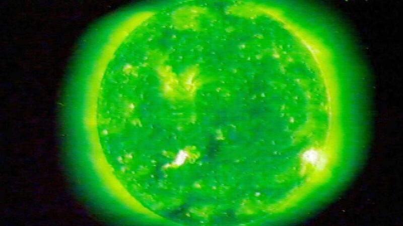 The Sun, taken by the Solar and Heliospheric Observatory, a satellite operated by Nasa and the European Space Agency showing plasma being belched by the Sun. Photograph: Ho-Nasa-TV/Reuters