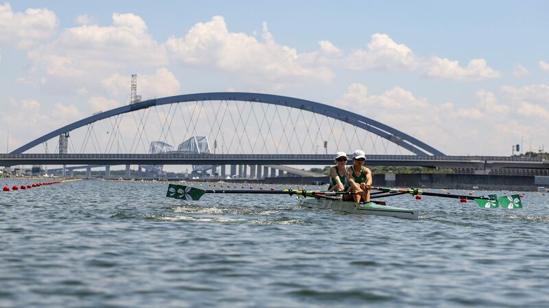 Ireland’s  Aoife Casey and Margaret Cremen  compete during the lightweight women’s double sculls repechage on Sunday. Photograph:  Buda Mendes/Getty Images