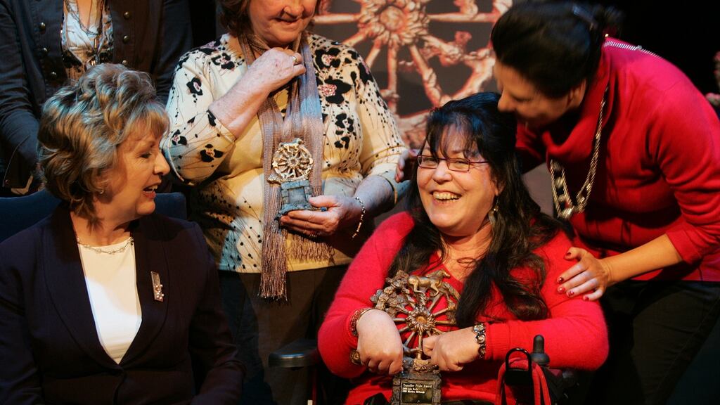 Former president Mary McAleese with Community Award and Overall Traveller Pride Award Winner Rosaleen McDonagh from Dublin at the 2010 2nd annual Traveller Pride Awards.  Photograph: Alan Betson