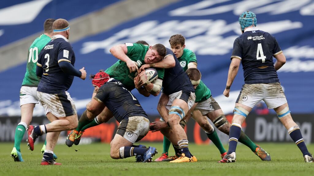 Tadhg Furlong’s feet lit up a slog at Murrayfield. Photograph: Laszlo Geczo/Inpho