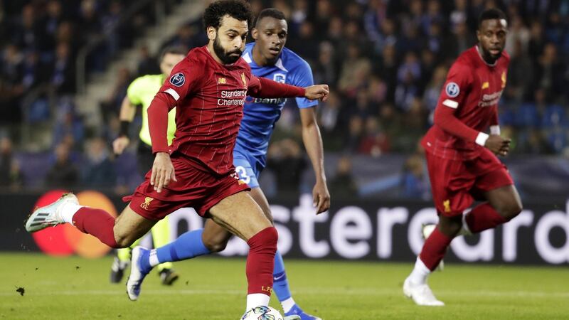 Mohamed Salah scores Liverpool’s fourth goal against Genk. Photograph: Stephanie Lecocq/EPA