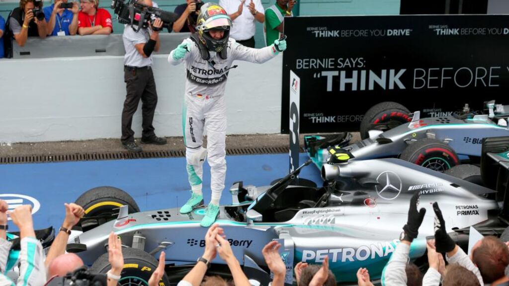 Nico Rosberg of Germany and Mercedes GP celebrates in Parc Ferme after victory in the German Grand Prix at Hockenheimring in Hockenheim, Germany. Photograph: Mark Thompson/Getty Images