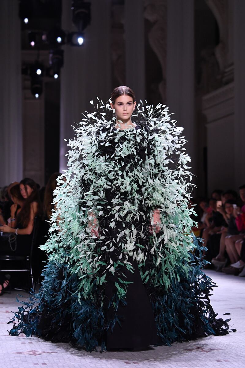 Paris Fashion Week: Kaia Gerber in her Givenchy plumage. Photograph: Pascal Le Segretain/Getty