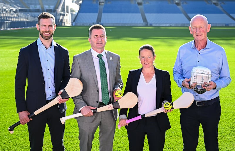 Hurling Development Committee members former Antrim hurler Neil McManus, chairperson Terry Reilly, Lizzy Broderick of the Camogie Association and former Kilkenny hurling manager Brian Cody during the Hurling Development Committee media event at Croke Park. Photograph: Piaras Ó Mídheach/Sportsfile