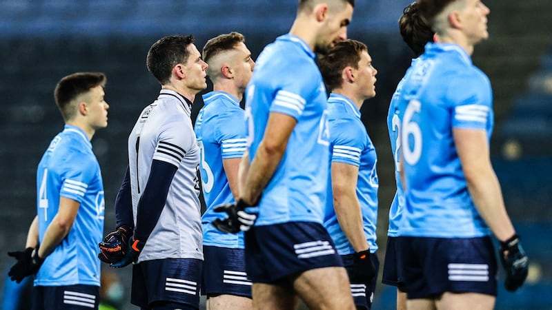 Dublin’s players line out ahead of their semi-final win over Cavan. Photograph: Tommy Dickson/Inpho