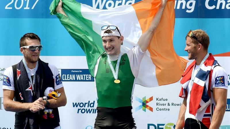 Ireland’s Paul O’Donovan celebrates winning gold in the lightweight men’s single sculls at the World Championships in Florida. Photograph: Detlev Seyb/Inpho