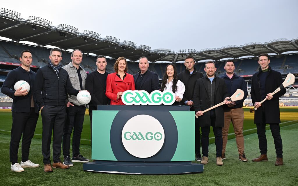 Aaron Kernan, Marc Ó Sé, Michael Murphy, Paddy Andrews, host Gráinne McElwain, commentator Mike Finnerty, sideline reporter Aisling O'Reilly, Eoin Cadogan, Richie Hogan, John 'Bubbles' O'Dwyer and Séamus Hickey, at the GAAGO season launch at Croke Park in December. Photograph: Sam Barnes/Sportsfile