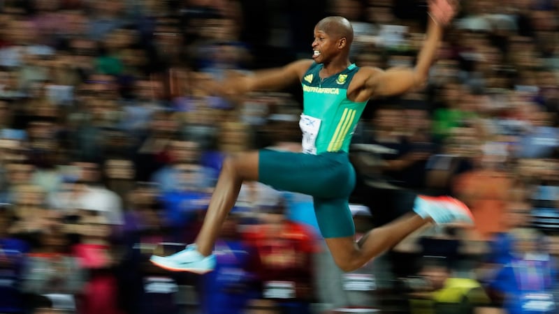 Great leap: Manyonga won the men’s long jump final in the IAAF World Championships with a jump of 8.48m. Five years ago, he was addicted to the deadly drug “tik”. Photograph: Andy Lyons/Getty Images