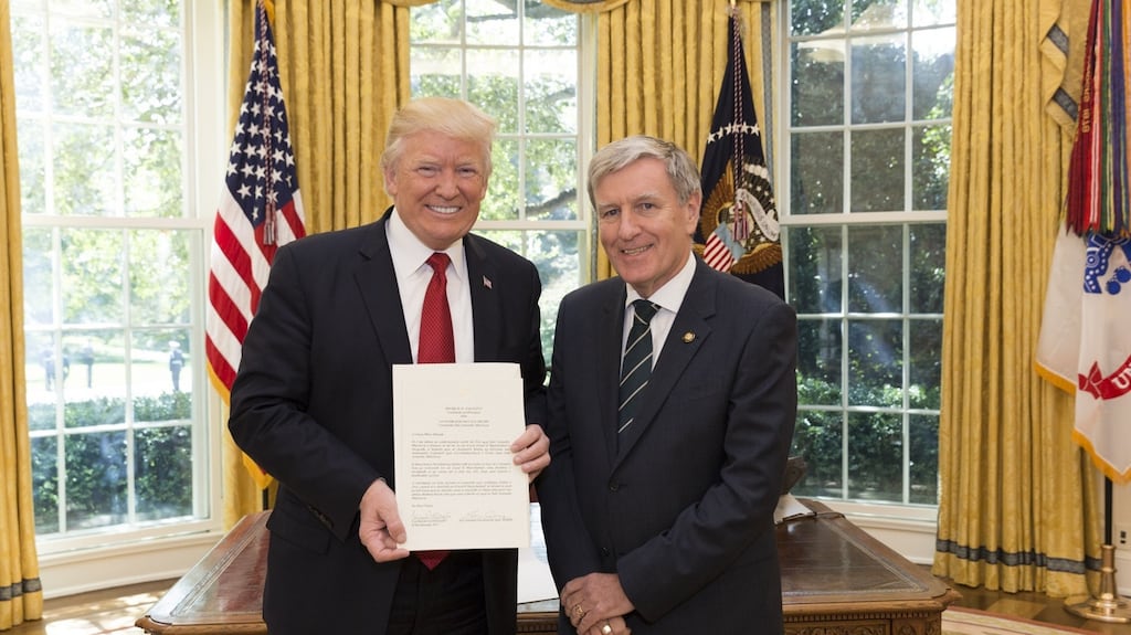 US president Donald Trump with the new Irish ambassador to the US, Dan Mulhall.