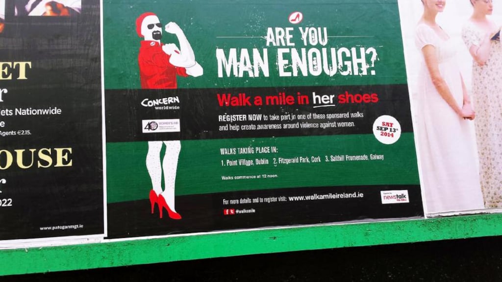 “Walk a Mile in Her Shoes” asks men (and women) to put on high heels and walk a mile at one of three venues in Dublin, Cork and Galway in aid of Women’s Aid and Concern.