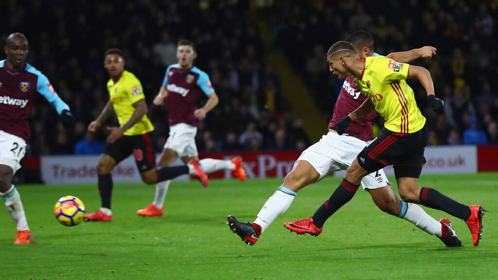 Richarlison scores Watford’s second in their win over West Ham United. Photograph: Clive Rose/Getty