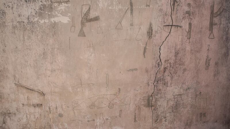 Drawings by Boko Haram fighters on walls of a destroyed medical centre in Gwoza, Borno State, Nigeria. Photograph: Sally Hayden