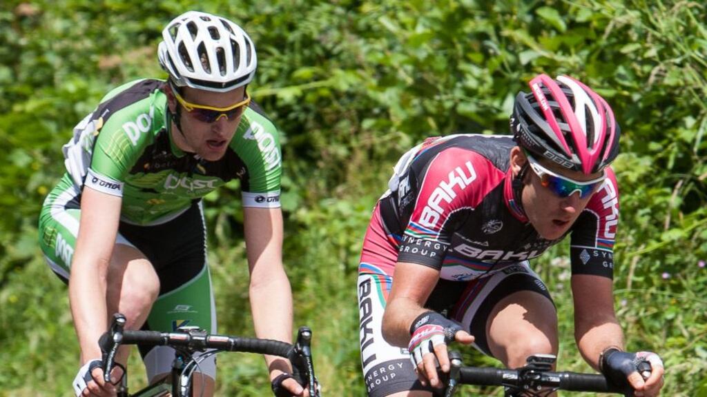 Matt Brammeier cycling ahead of Conor Dunne in the 2014 National Cycling Championships. Photograph: Ciaran Fallon
