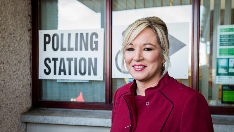 Michelle O’Neill outside of St Patrick’s primary school before casting her vote. Photograph: Liam McBurney/PA Wire.