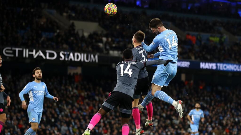Aymeric Laporte scores Manchester City’s fifth goal during the Premier League match against Leicester City at the Etihad Stadium. Photograph: Chris Brunskill/Getty Images