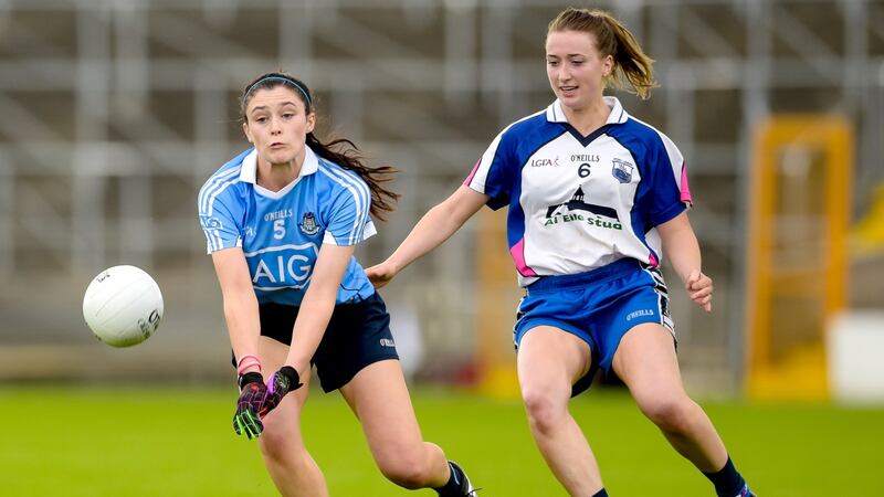 Dublin’s Olwen Carey with Dearbhaile Ni hAodha of Waterford. Photo: Tom Beary/Inpho