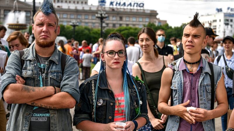Protesters against the sacking of regional governor Sergei Furgal attend a rally Khabarovsk on Saturday. Photograph: Igor Volkov/AP