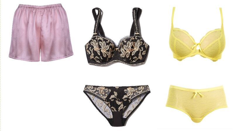 Dorothy Perkins silk cami PJs (part of set), €29; Fantasie black padded bra, €60, and briefs, €40, at House of Fraser; Freya yellow full-cup bra, €36, and briefs, €17 at Arnotts