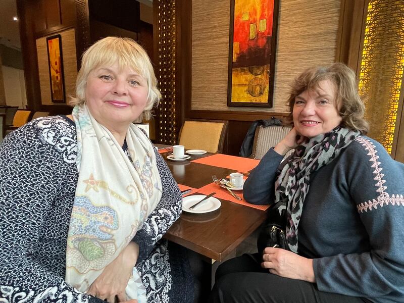 Zhanna Zvereva and Nadezhda Mukhoyan after a year of war: 'We’ve been here the whole time and never thought of leaving Kharkiv,' says Zvereva. Photograph: Daniel McLaughlin