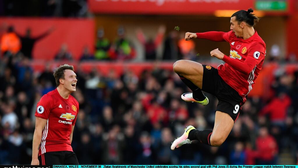 Zlatan Ibrahimovic of Manchester United celebrates scoring his side’s second goal. Photo: Stu Forster/Getty Images