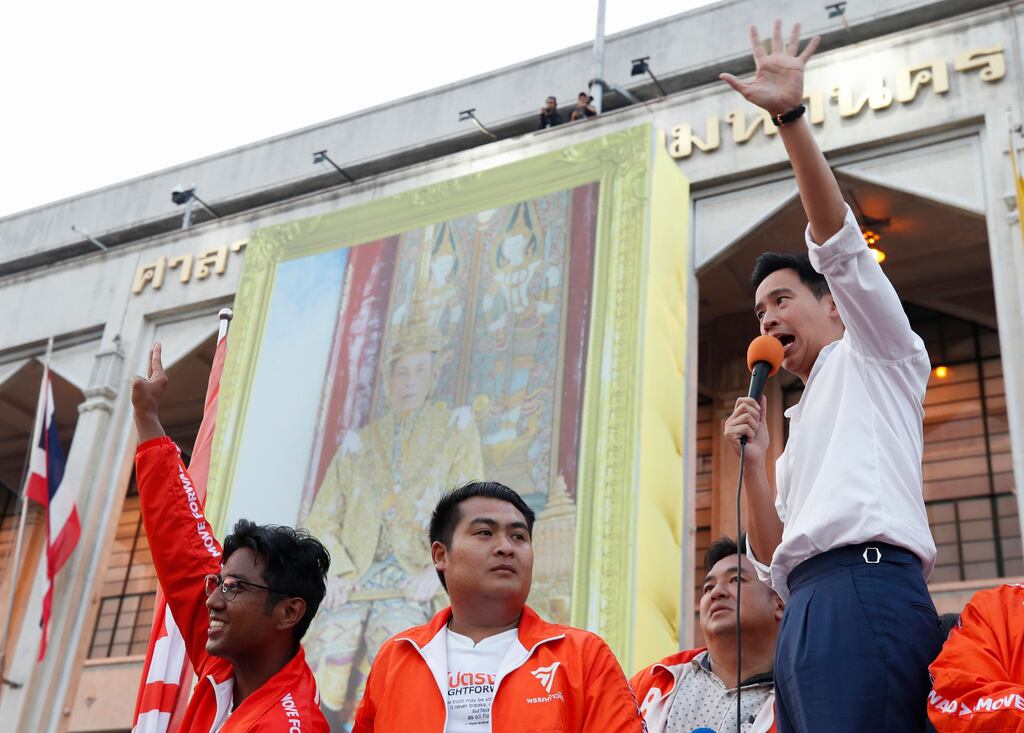 Move Forward's leader Pita Limjaroenrat speaks to supporters in front of a portrait of Thai King Maha Vajiralongkorn during a caravan parade to thank voters after his party's general election victory, at the city hall in Bangkok on May 15th. Photograph: Rungroj Yongrit/EPA