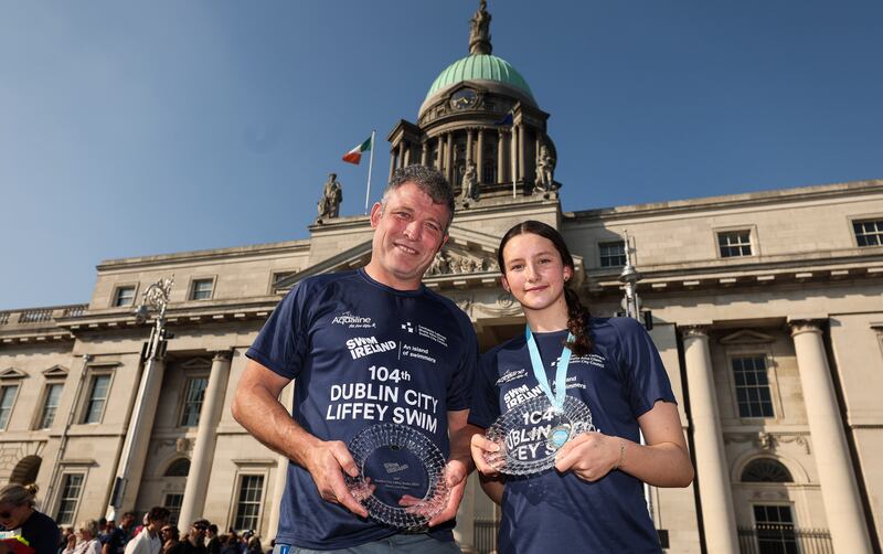 Liffey Swim men’s overall winner Paul Mulvehill and women’s overall winner Jessica Purcell. Photograph: Ben Brady/Inpho