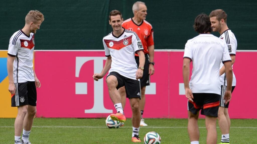 Miroslav Klose (centre) is the only out-and-out striker named in Germany’s final 23-man squad for the World Cup. Photograph: Andreas Gebert/EPA