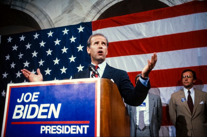 During a press conference, American politician US Senator Joseph Biden announces his intention to run for the Democratic Party nomination's for President of the United States, Washington DC, June 9, 1987. (Photo by Howard L. Sachs/CNP/Getty Images)