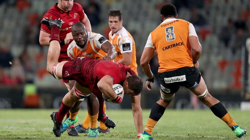 Cheetahs’ Oupa Mohoje tackles Gerbrandt Grobler. Photo: Dan Sheridan/Inpho