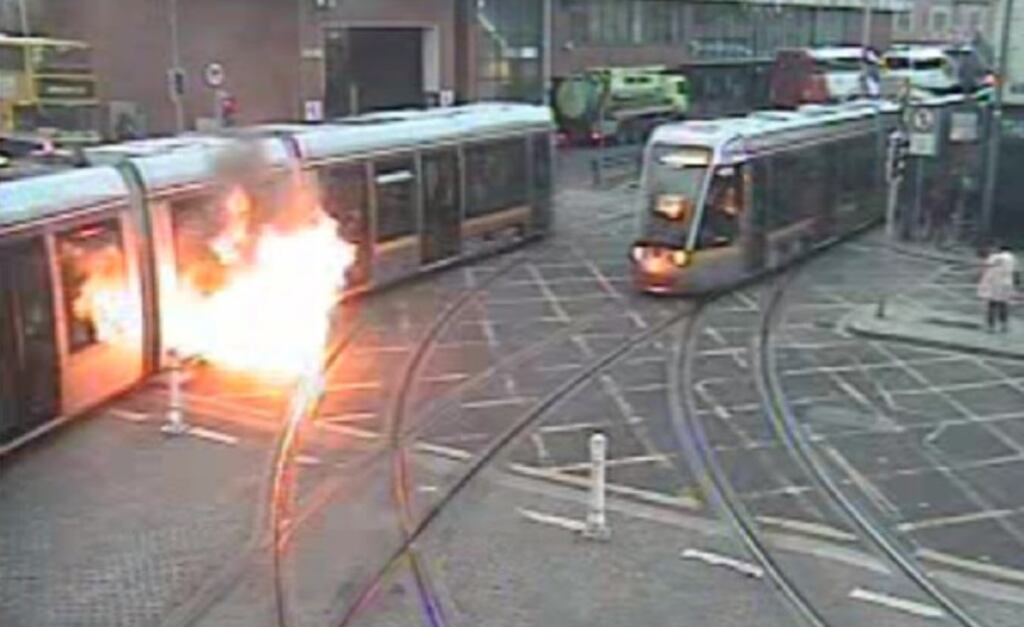 CCTV images picked up the fire on the Luas tram as it approached Busáras.