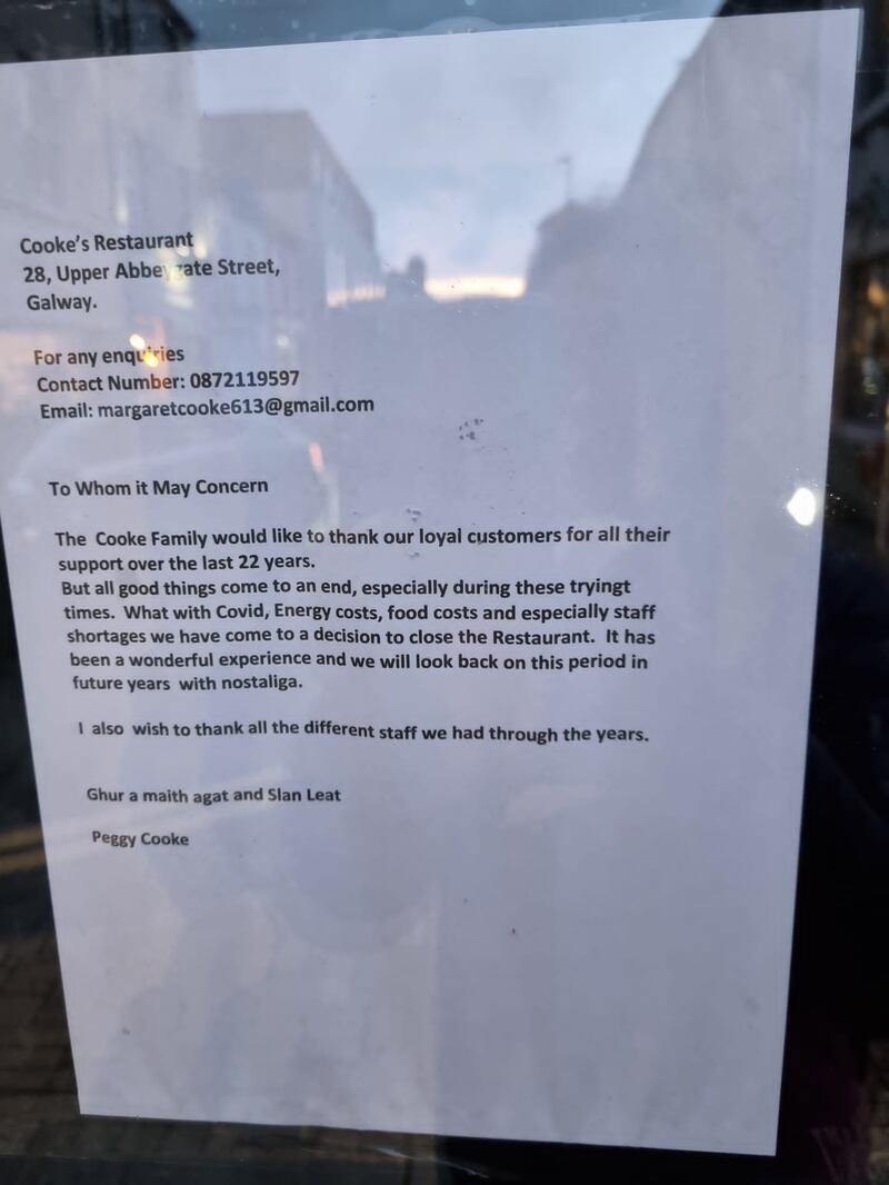 Notice on the window of now-closed Cooke's Restaurant in Galway city.
