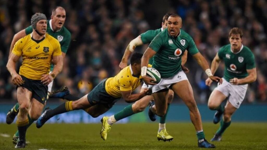 Simon Zebo is tackled during Ireland and Australia’s last meeting at the Aviva Stadium last year. Photograph: Clodagh Kilcoyne/Reuters