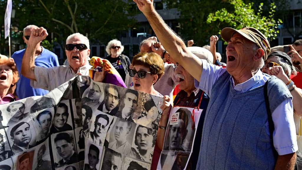 People shout outside the supreme court in Madrid last week as the court gave the green light for the Spanish government to remove the remains of Francisco Franco from a grandiose state mausoleum. Photograph: Javier Soriano/AFP/Getty Images